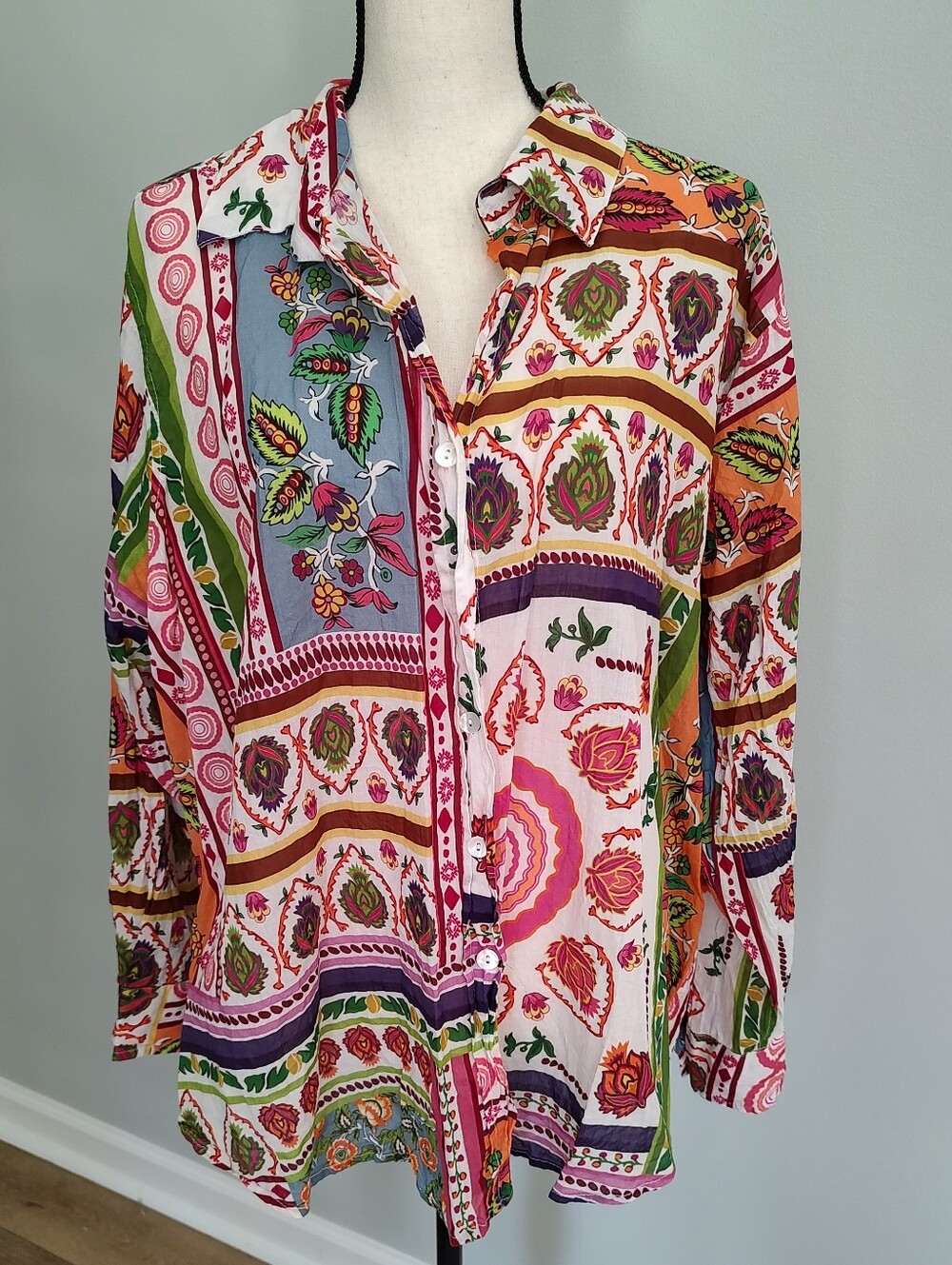 Calypso St. Barth Patchwork Style Festive Floral Red Button Down Shirt 2X